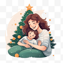 抱孩子女人图片_一位快乐的母亲躺在圣诞树下，将