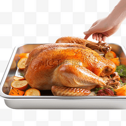 在烤盘上准备感恩节火鸡