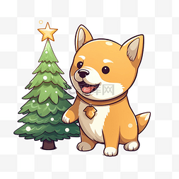 柴插画图片_可爱的柴犬从圣诞树上摘下星星
