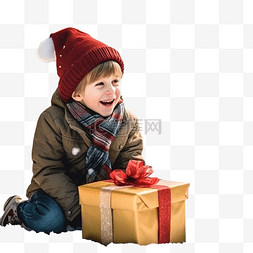 戴着圣诞帽的男孩坐在手里，手里