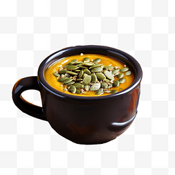 秋季南瓜汤，锡杯里有南瓜籽