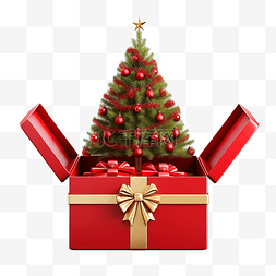 红色开放礼品盒，配有圣诞树隔离