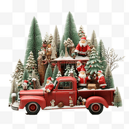 圣诞节松树林图片_圣诞卡车与圣诞老人和朋友在松树