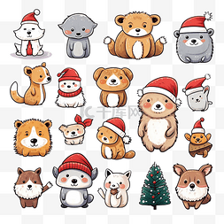 圣诞节贴纸收藏的可爱涂鸦动物