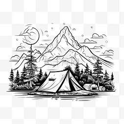 自然探索图片_山上露营线条艺术插画