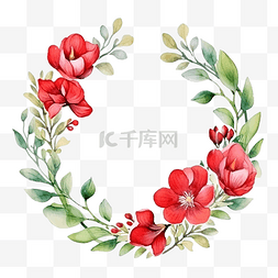 金色圆框水彩花卉插图中绿叶和红