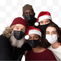 出去玩图片_多种族的人戴着口罩和圣诞帽自拍