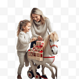 小女孩骑着玩具马和她的母亲在家