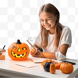 一个女孩坐在桌旁，用纸浆画南瓜