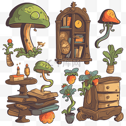 复古剪贴画各种木制元素包括蘑菇
