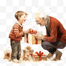 与男孩和老人交换礼物的圣诞夜庆