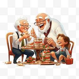 快乐的祖父在圣诞家庭晚宴上讲故