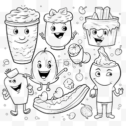 水果卡通形象人物图片_卡通食物对象人物设置着色书页