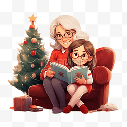 快乐的祖母和孙女坐在圣诞树附近