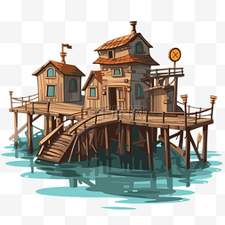 码头剪贴画卡通房子在码头和木桥
