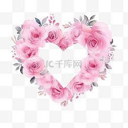 水彩粉色玫瑰心框，带闪光，适合