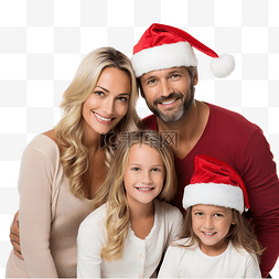 圣诞节时戴着圣诞帽的一家人看着
