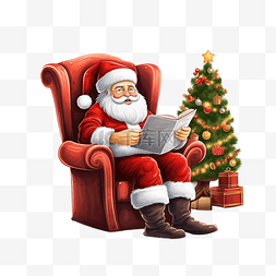 人坐着椅子上图片_圣诞老人坐在家里圣诞树附近舒适