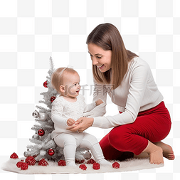 周围的装饰图片_妈妈和宝宝在圣诞树周围装饰和玩