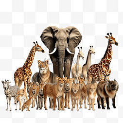 一群野生动物，如鹿大象长颈鹿和