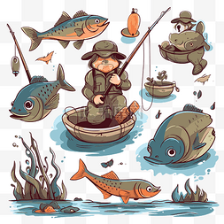 捕鱼插画图片_鲤鱼渔夫的捕鱼和狩猎剪贴画特征