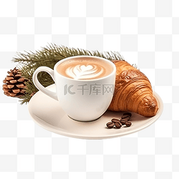 一杯咖啡和一个羊角面包作为圣诞