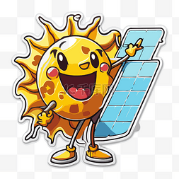 拿着太阳能电池板的卡通阳光 向
