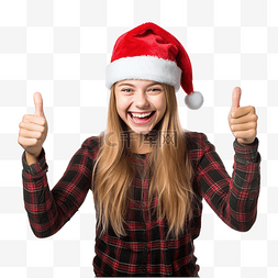 戴着圣诞帽的女孩微笑着展示胜利
