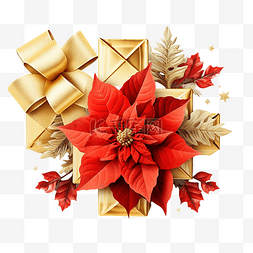 金色礼物和红色圣诞花一品红贺卡
