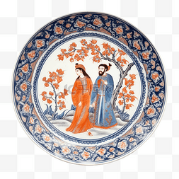 东方陶瓷盘的顶视图，上面画着一