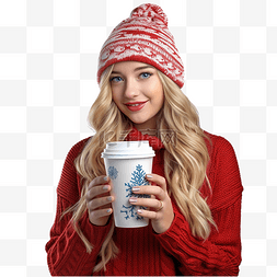 喝热饮的女孩图片_庆祝圣诞假期的女孩在外卖纸杯里