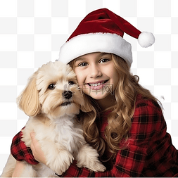 表情秋田犬图片_金发女孩和她的狗戴着圣诞老人的