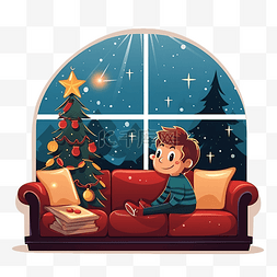 有沙发树的男孩客厅窗户夜晚圣诞