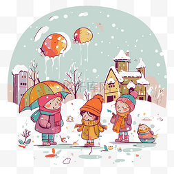 下雪天剪贴画冬天卡通中快乐的童
