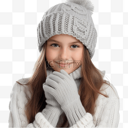 保暖帽子时尚图片_戴着针织保暖帽子和手套的圣诞女