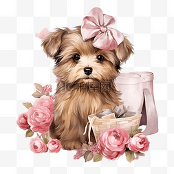 快时尚图片_水彩可爱的小狗和花朵小狗与时尚