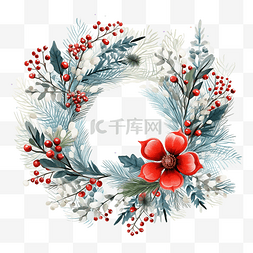 圣诞快乐贺卡花环与冬天的花朵树