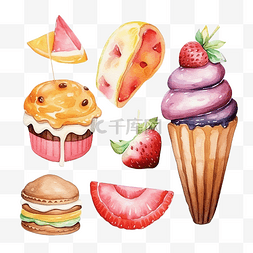草莓蛋糕图片_水彩甜点甜蜜剪贴画元素可爱饼干