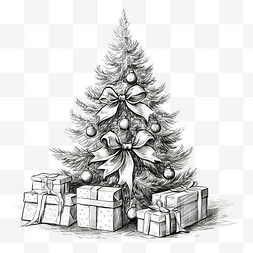 圣诞节黑白图片_设计黑白手绘插画圣诞树和礼盒