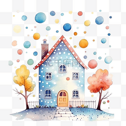 水彩多彩可爱快乐的房子与圆点隔