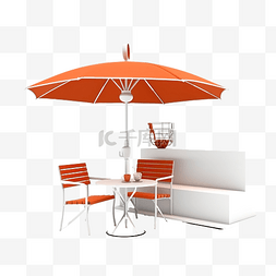 3d 商店咖啡馆与咖啡桌伞沙发椅隔