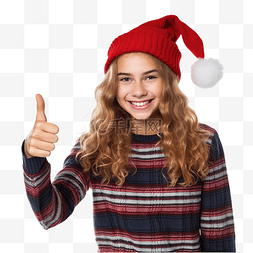 庆祝圣诞假期的女孩竖起大拇指微