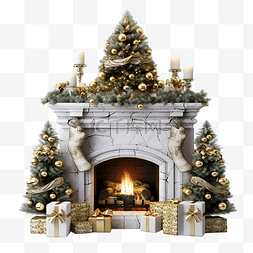装饰性石壁炉附近有礼物的圣诞树