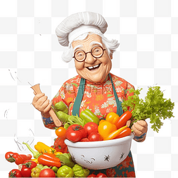 有趣的奶奶拿着一锅美味的汤，里