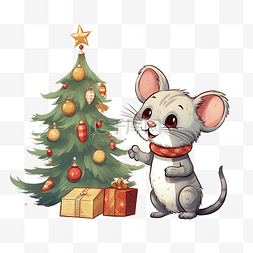 友好的卡通猫和老鼠装饰圣诞树