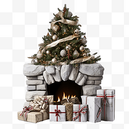圣诞礼物图片_装饰性石壁炉附近有礼物的圣诞树