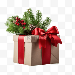 红丝带红星图片_有红丝带和圣诞树枝的礼品盒