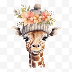 白色针织帽图片_可爱的长颈鹿与花卉针织帽水彩画