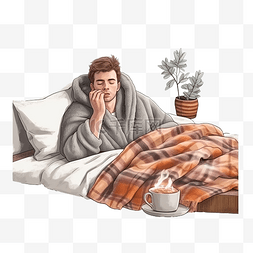 盖毯子图片_病人患流感后躺在沙发或床上，盖