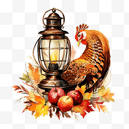 感恩节水彩元素聚宝盆火鸡和灯笼